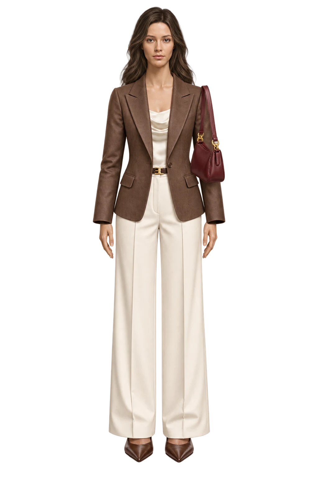 An outfit with a brown blazer, cream trousers and a burgundy bag